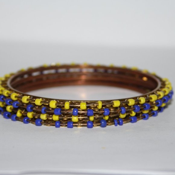 💛🔵 Beautiful Gold, Yellow + Blue Bangle Set (2⅝" Wide) 🔵💛 - Picture 1 of 4